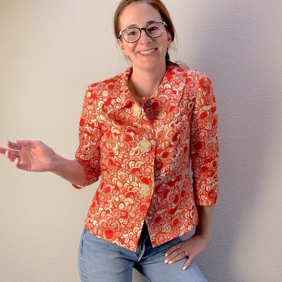 Vintage Anthracite orange white tan circle print LINEN blazer Woven buttons 6/S - Picture 4 of 16